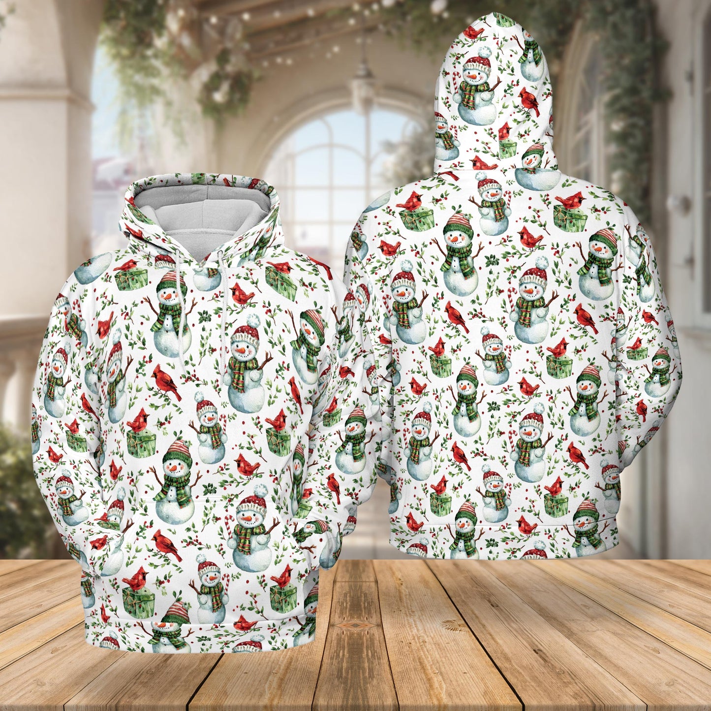 Snowman and Red Cardinal Christmas All Over Print Hoodie