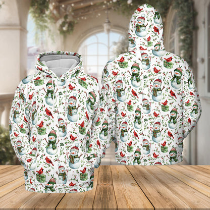 Snowman and Red Cardinal Christmas All Over Print Hoodie