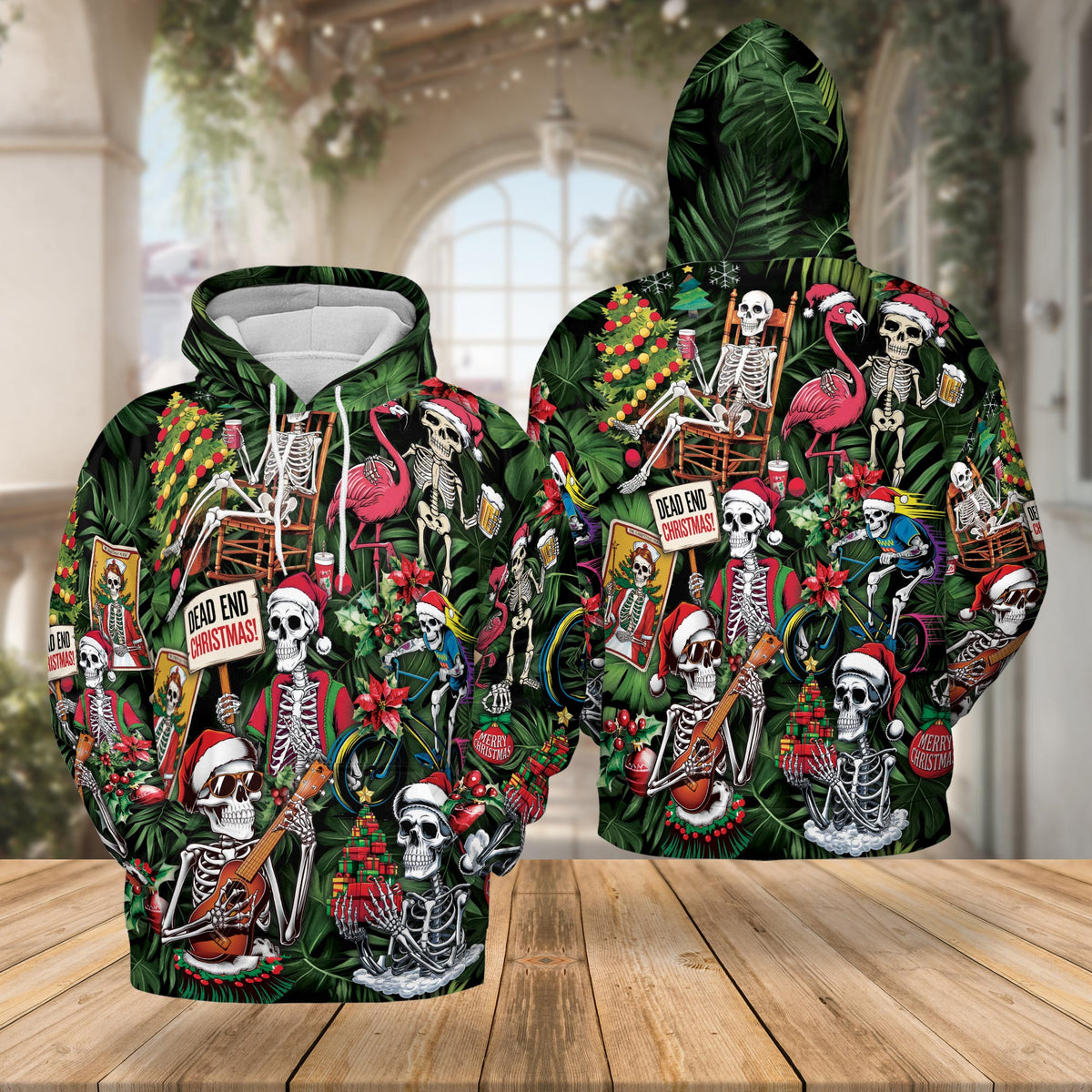 Skeleton Santa Claus Christmas All Over Print Hoodie, Skull Graphic Design