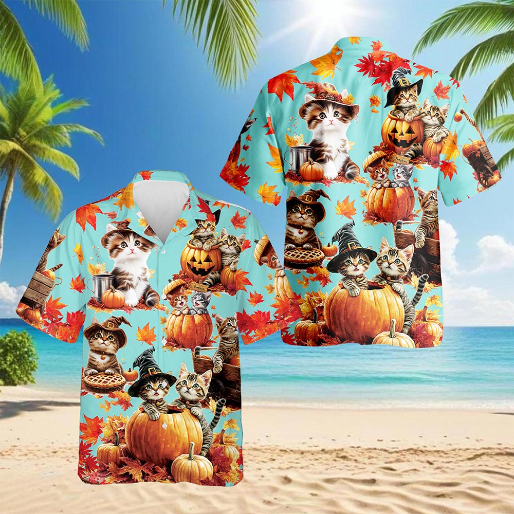 Cat Pumpkin Hawaiian Shirt for Men, Button Down Aloha Shirt - Azhawaiian