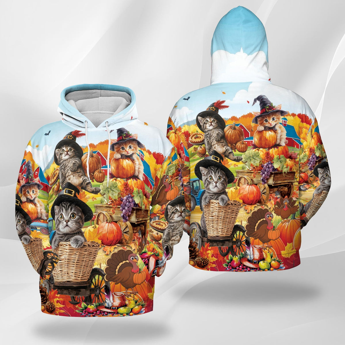 Thanksgiving Cat All Over Print Hoodie, Happy Turkey Day Graphic Design