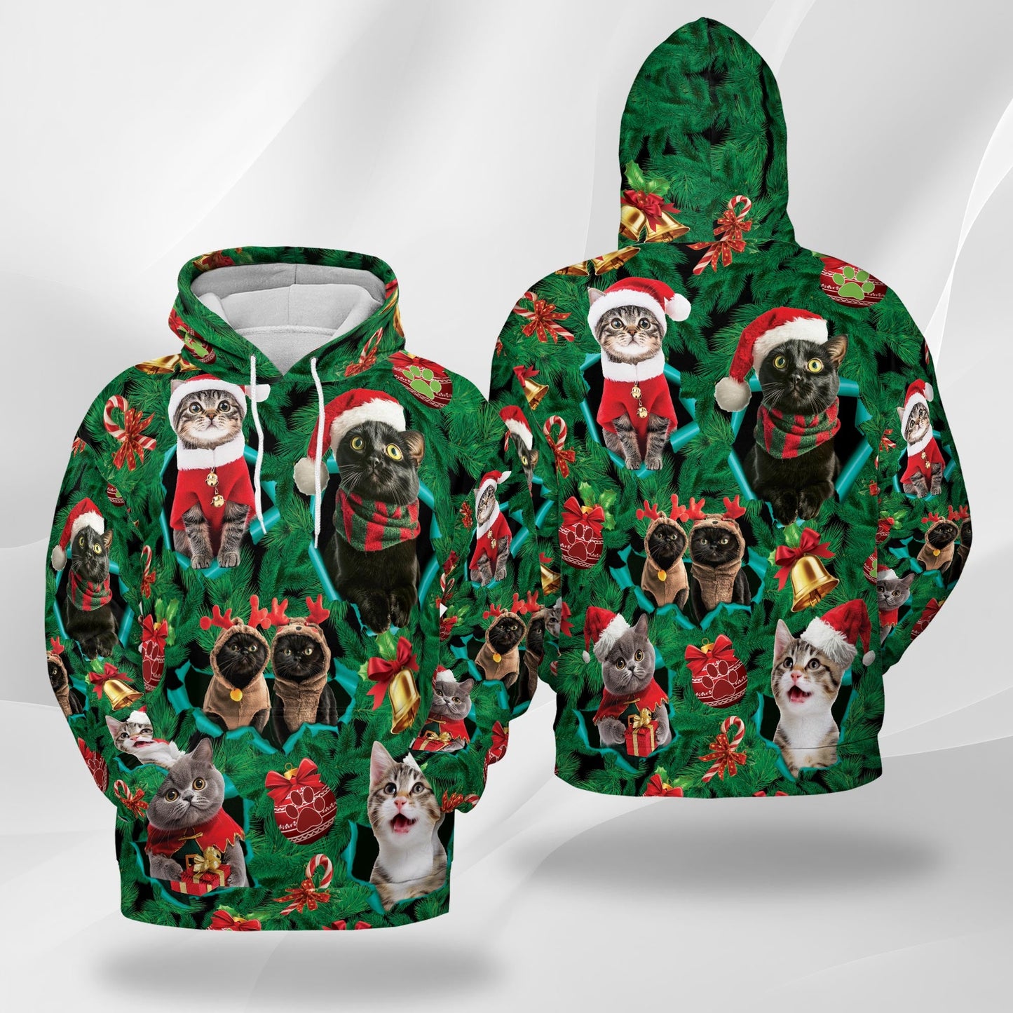 Christmas Cats All Over Print Hoodie, Cute Kitten Holiday Graphic Design