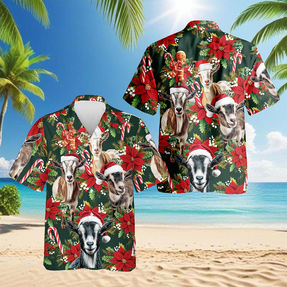 Funny Goat Christmas Hawaiian Shirt for Men, Button Down Aloha Shirt - Azhawaiian