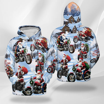 Santa Claus Motorcycle Christmas All Over Print Hoodie, Graphic Design Winter Snow