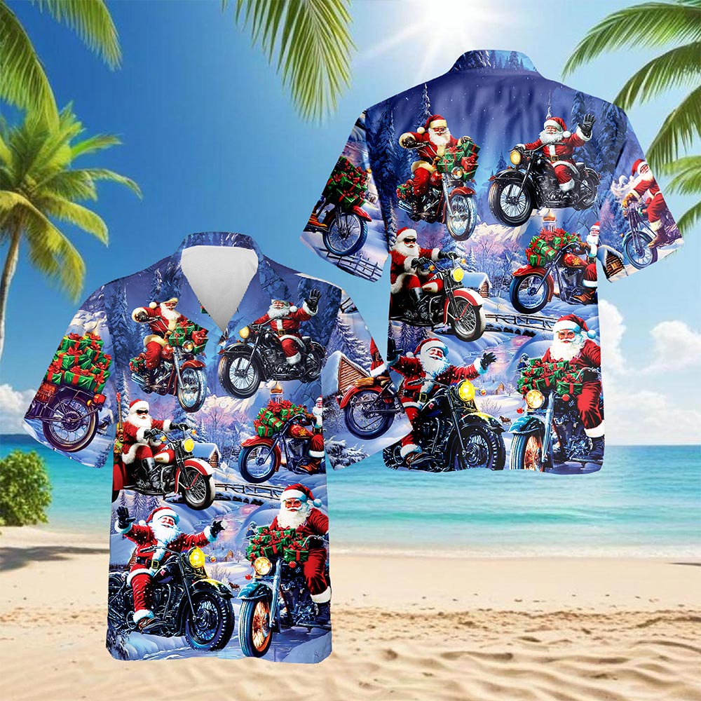 Santa Claus Riding Motorcycle Hawaiian Shirt for Men, Button Down Aloha Shirt - Azhawaiian