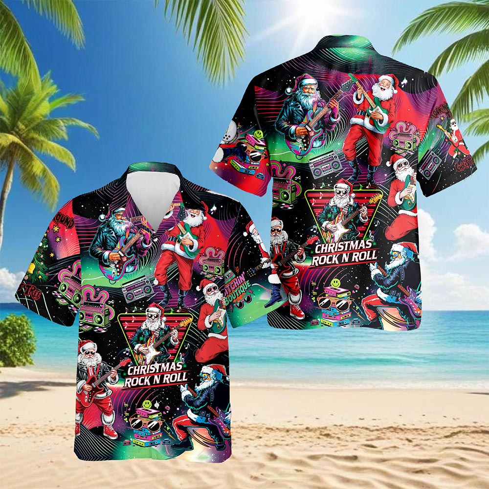 Santa Claus Rock Guitar Christmas Hawaiian Shirt for Men, Button Down Aloha Shirt - Azhawaiian
