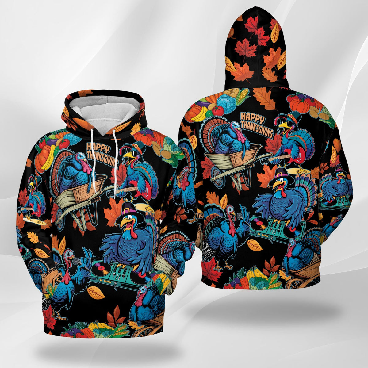 Happy Turkey Day All Over Print Hoodie, Thanksgiving Turkey Music Graphic Design