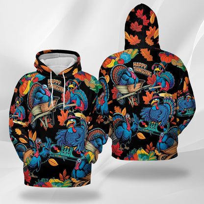 Happy Turkey Day All Over Print Hoodie, Thanksgiving Turkey Music Graphic Design