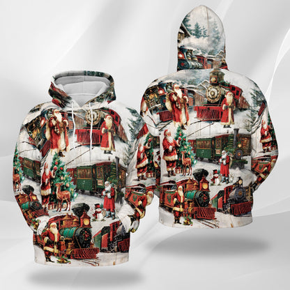 Vintage Christmas Train All Over Print Hoodie, Retro Graphic Design