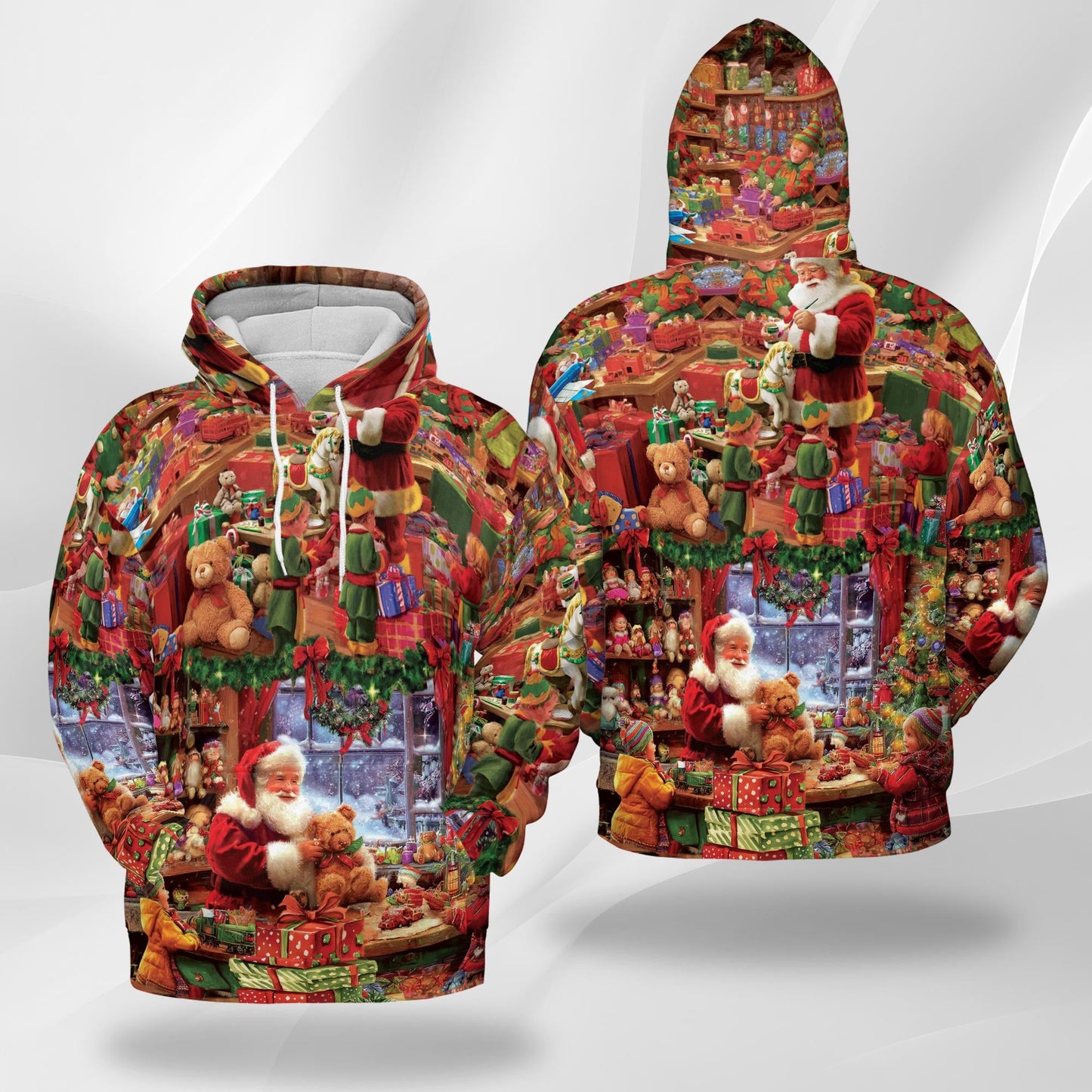Santa Claus Workshop All Over Print Hoodie, Festive Christmas Graphic Design