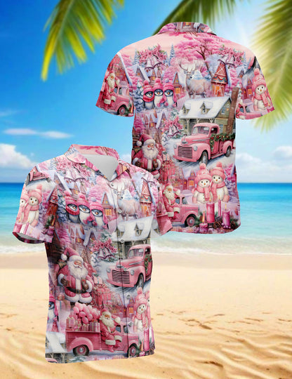 Pink Christmas Santa Claus Hawaiian Shirt for Men, Button Down Aloha Shirt - Azhawaiian