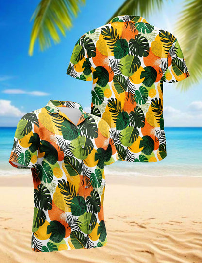 Tropical Leaf Pattern Hawaiian Shirt for Men, Button Down Aloha Shirt - Azhawaiian