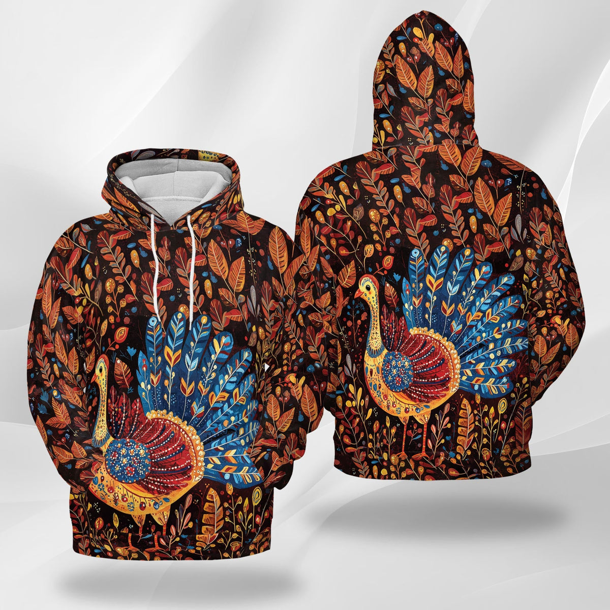 Folk Art Turkey Thanksgiving All Over Print Hoodie, Graphic Design