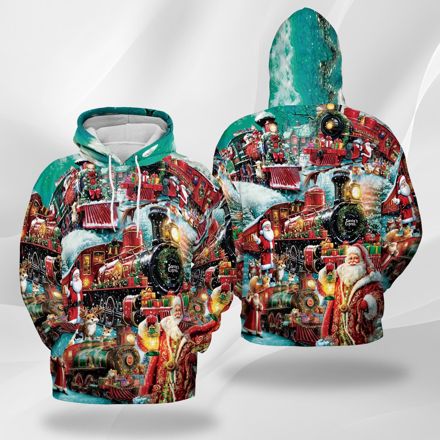 Santa Claus Christmas Train All Over Print Hoodie, Vintage Holiday Graphic Design