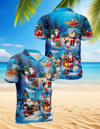 Funny Santa and Snowman Hawaiian Shirt for Men, Button Down Aloha Shirt - Azhawaiian