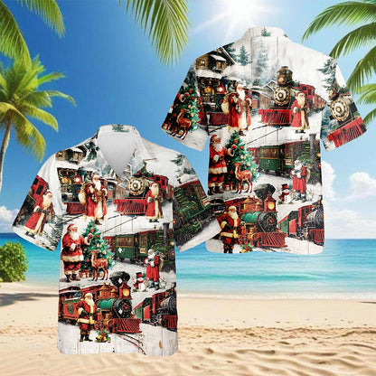 Vintage Christmas Train Hawaiian Shirt for Men, Button Down Aloha Shirt - Azhawaiian