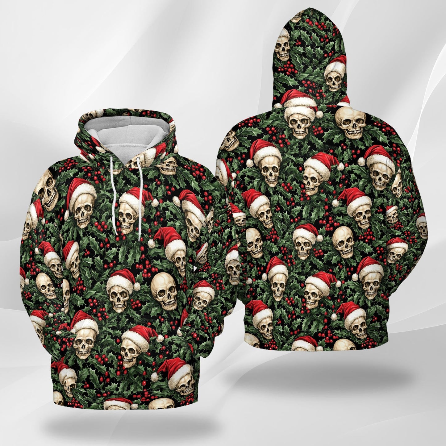 Skull Santa Hat Christmas All Over Print Hoodie, Gothic Graphic Design