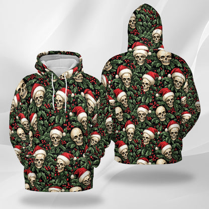 Skull Santa Hat Christmas All Over Print Hoodie, Gothic Graphic Design