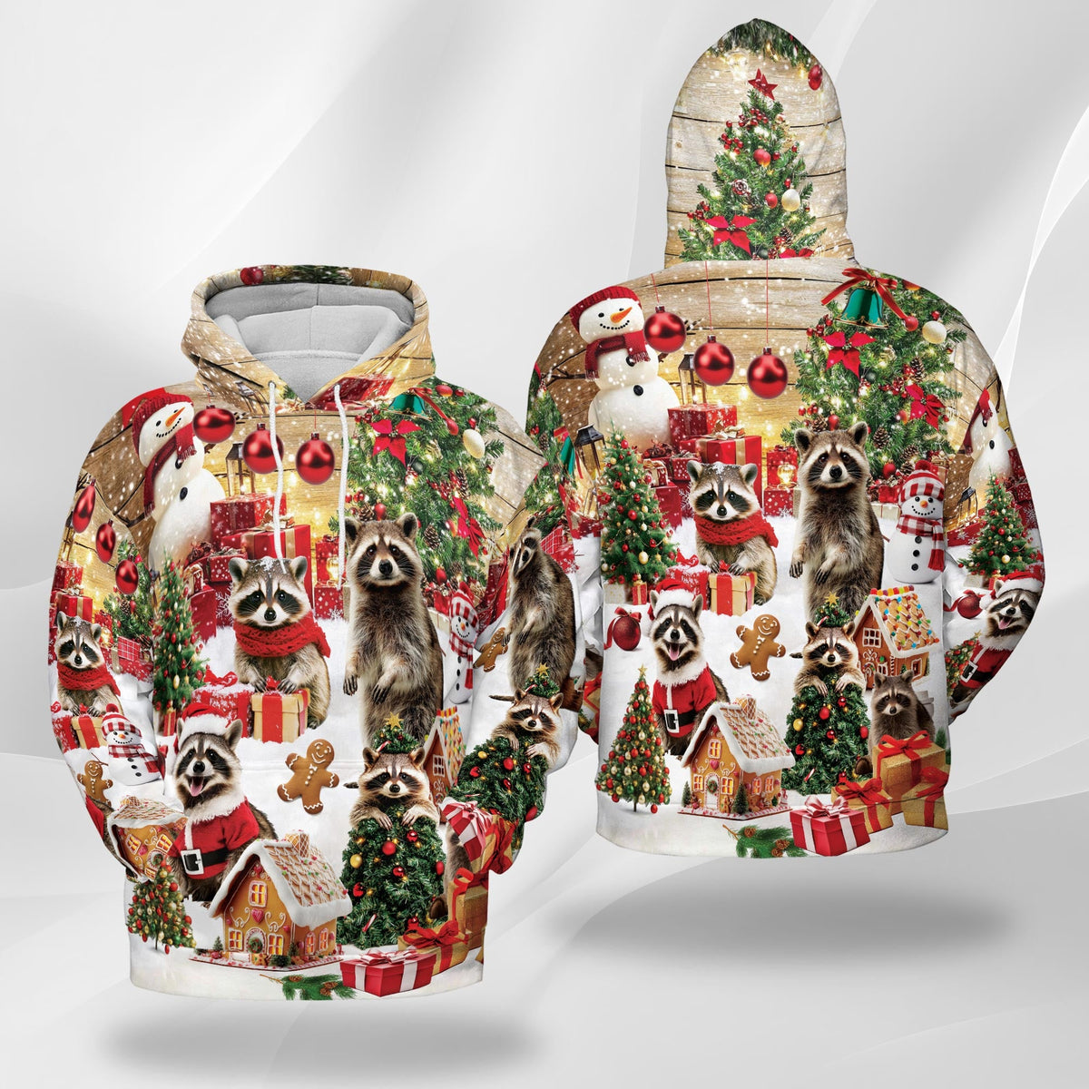 Christmas Raccoon All Over Print Hoodie, Cute Animal Holiday Graphic Design