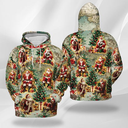 Vintage Santa Claus All Over Print Hoodie, Xmas Graphic Design
