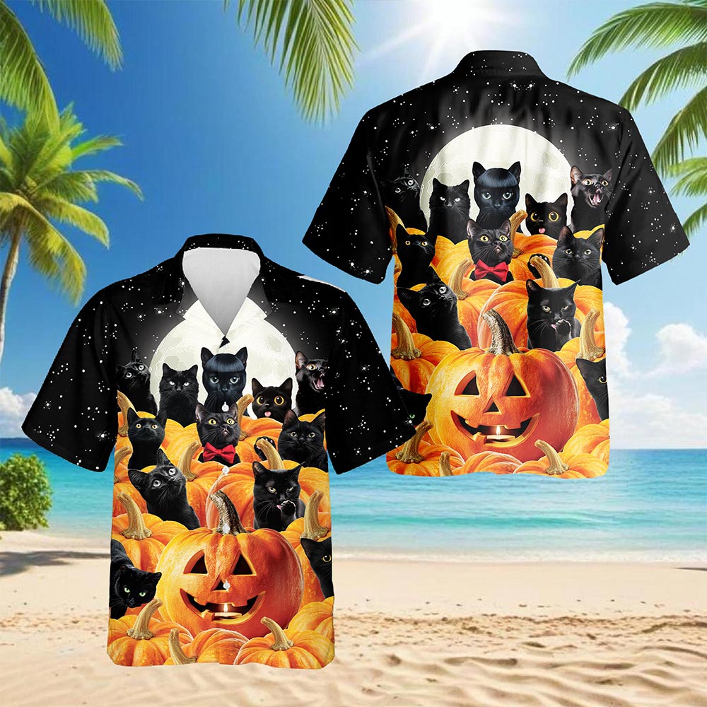 Cute Black Cat Pumpkin Hawaiian Shirt for Men, Button Down Aloha Shirt - Azhawaiian