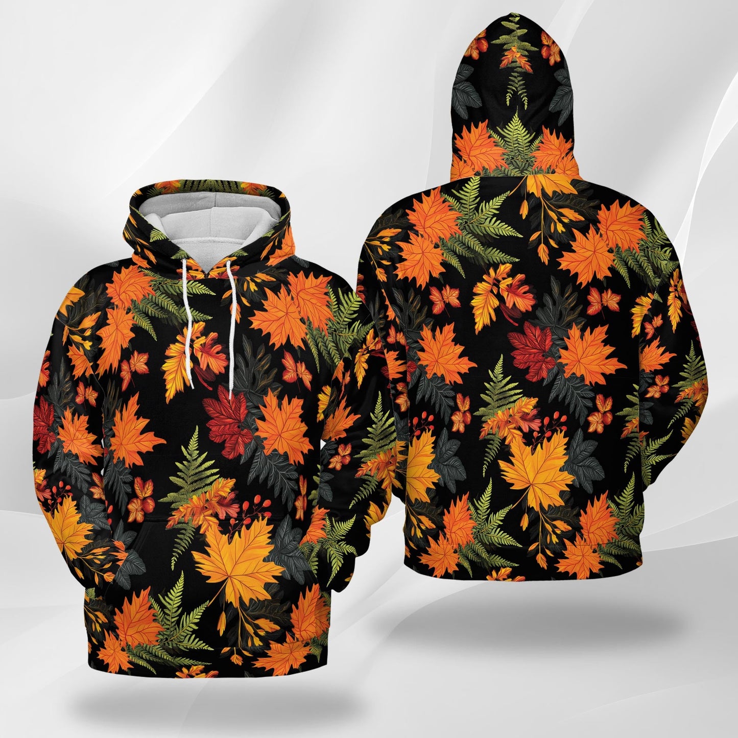 Happy Thanksgiving All Over Print Hoodie, Graphic Design Fall Leaves Pumpkin