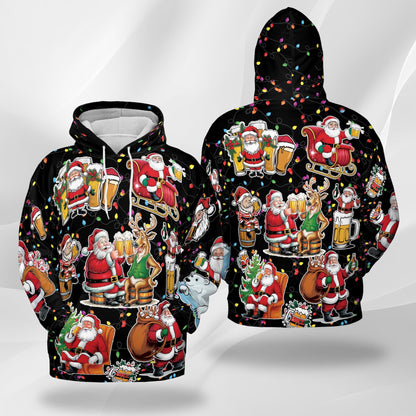 Santa Beer Lover All Over Print Hoodie, Funny Christmas Drinking Graphic Design