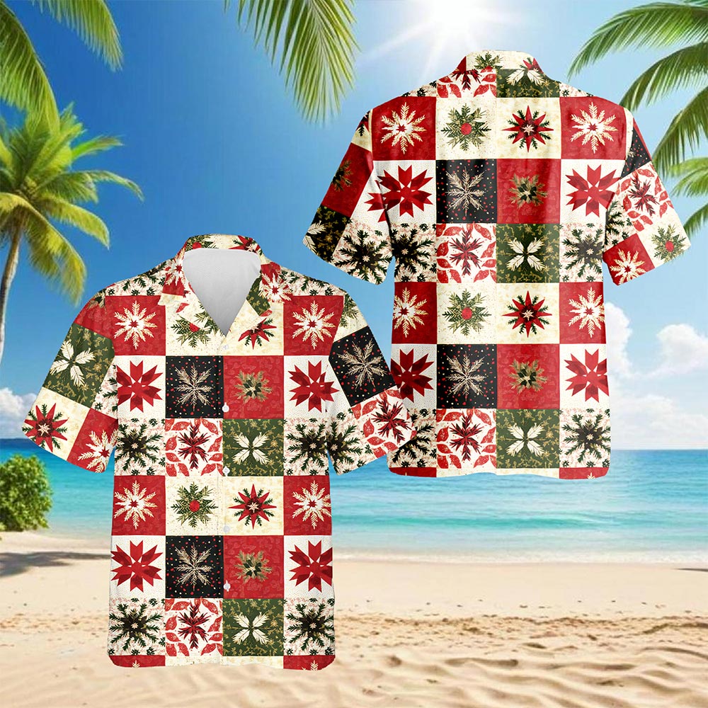 Christmas Quilt Pattern Hawaiian Shirt for Men, Button Down Aloha Shirt - Azhawaiian