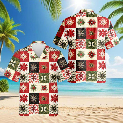 Christmas Quilt Pattern Hawaiian Shirt for Men, Button Down Aloha Shirt - Azhawaiian
