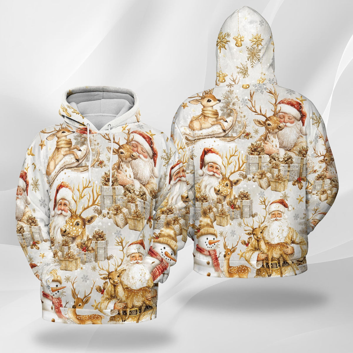 Golden Santa Claus and Reindeer Christmas All Over Print Hoodie, Graphic Design