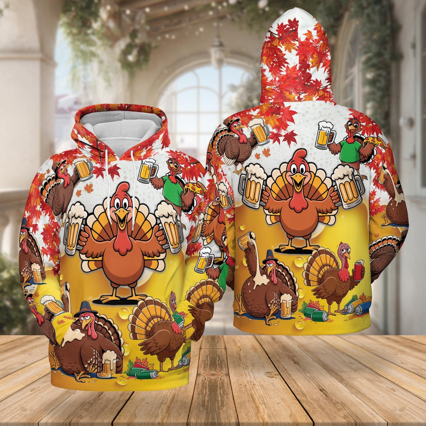 Funny Drunk Turkey Thanksgiving All Over Print Hoodie