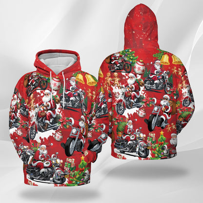 Santa Claus Riding Motorcycle All Over Print Hoodie, Holiday Biker Graphic Design