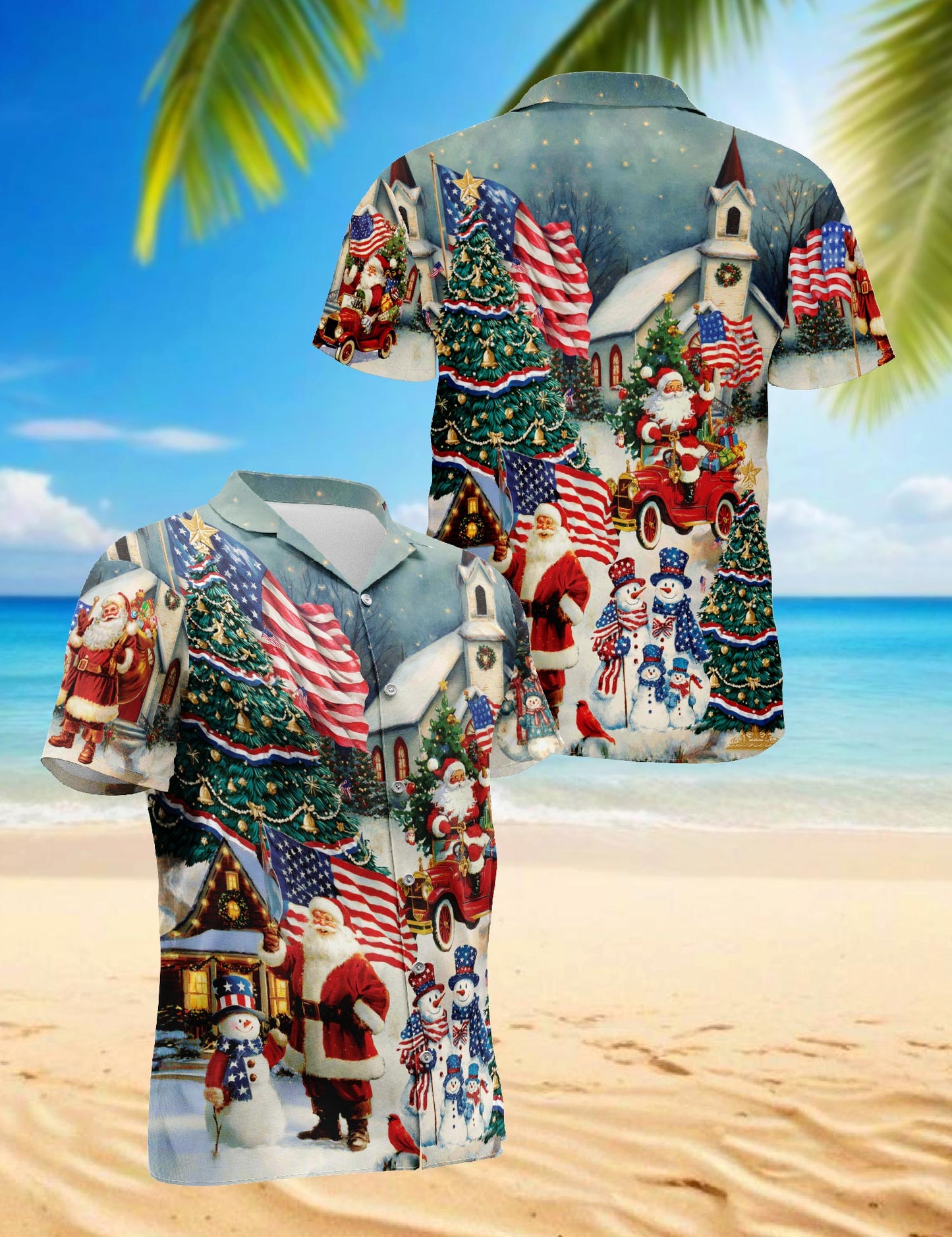 American Flag Santa Christmas Hawaiian Shirt for Men, Button Down Aloha Shirt - Azhawaiian