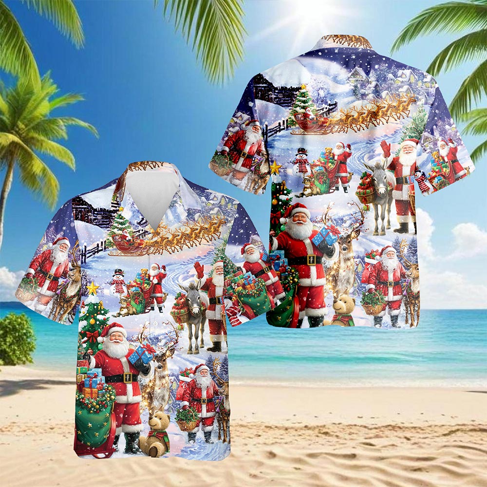 Santa Claus Snowy Christmas Village Hawaiian Shirt for Men, Button Down Aloha Shirt - Azhawaiian