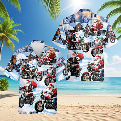 Santa Claus Motorcycle Christmas Hawaiian Shirt for Men, Button Down Aloha Shirt - Azhawaiian