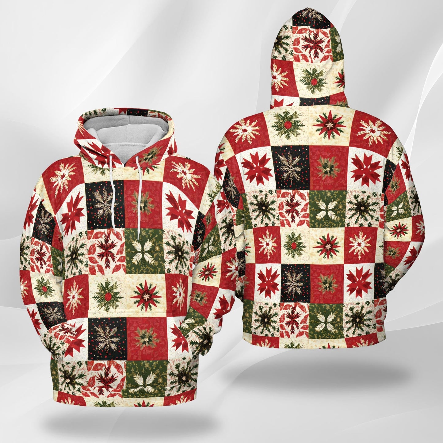 Christmas Quilt Pattern All Over Print Hoodie, Patchwork Style Graphic Design