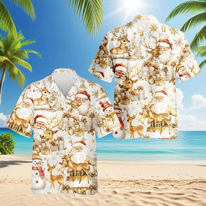 Golden Santa Claus and Reindeer Christmas Hawaiian Shirt for Men, Button Down Aloha Shirt - Azhawaiian