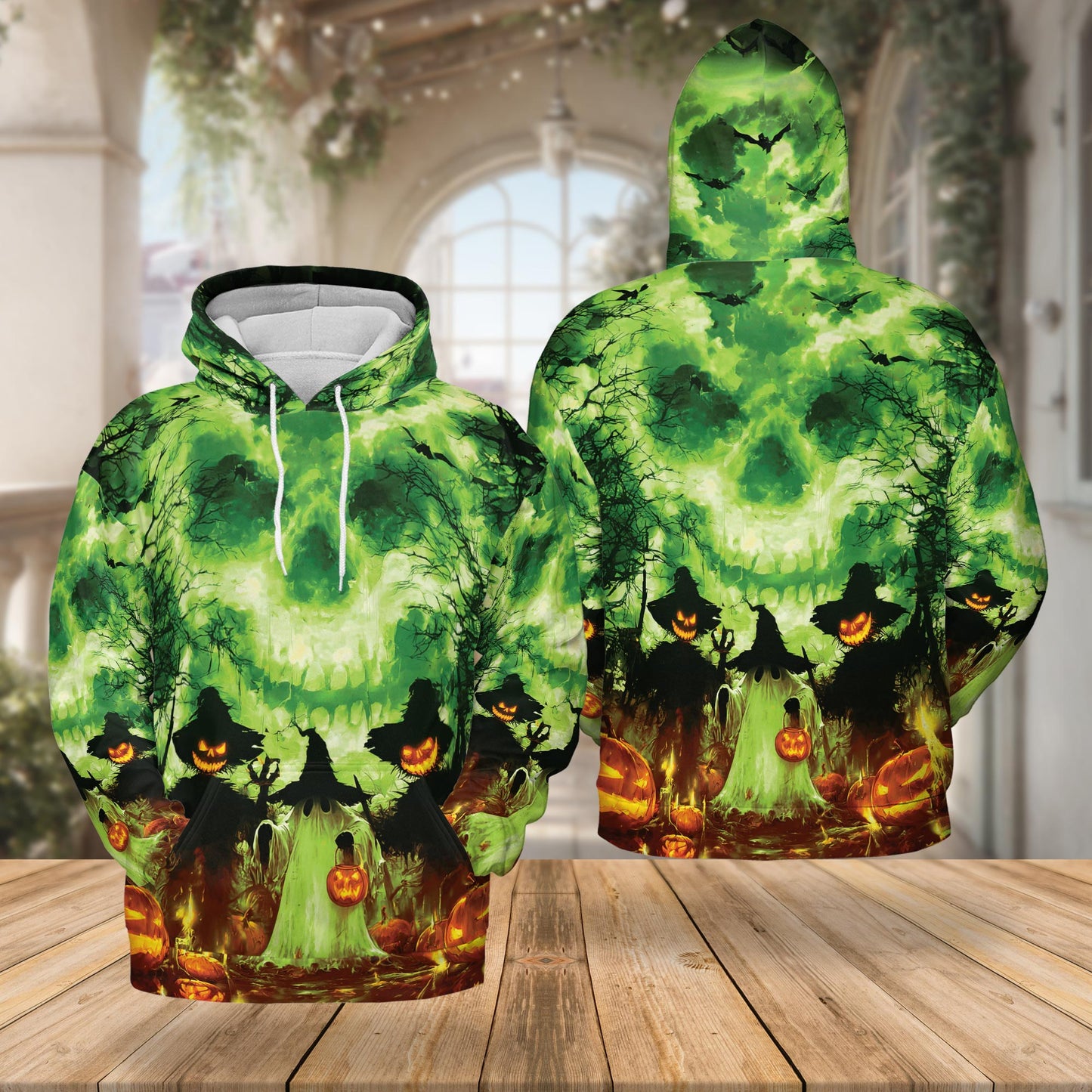 Halloween Ghost All Over Print Hoodie, Graphic Design Pumpkins Skull