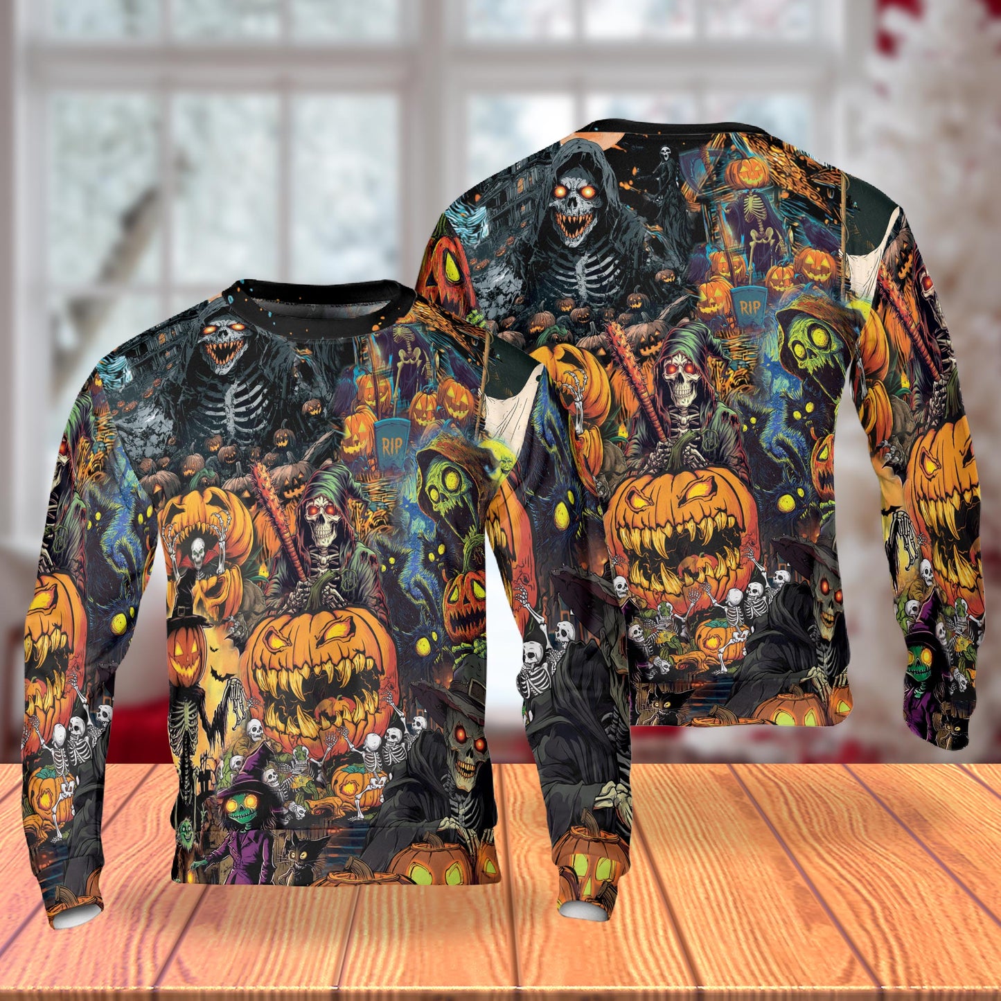 Halloween Skeleton Pumpkin Unisex Sweatshirt – Colorful Graphic 3D All Over Print Design