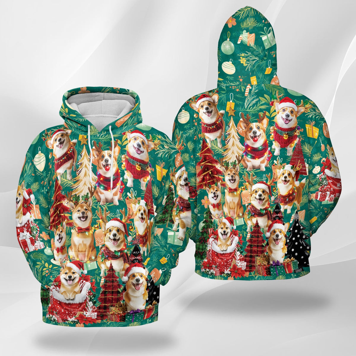 Christmas Corgi All Over Print Hoodie, Cute Dog Lover Graphic Design