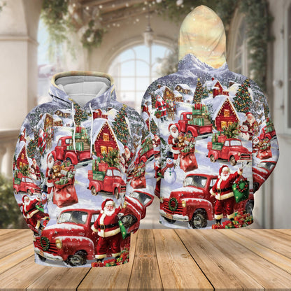 Christmas Red Truck All Over Print Hoodie, Santa Claus Snow Graphic Design
