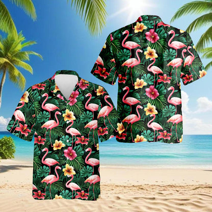 Flamingo Hibiscus Tropical Hawaiian Shirt for Men, Button Down Aloha Shirt - Azhawaiian