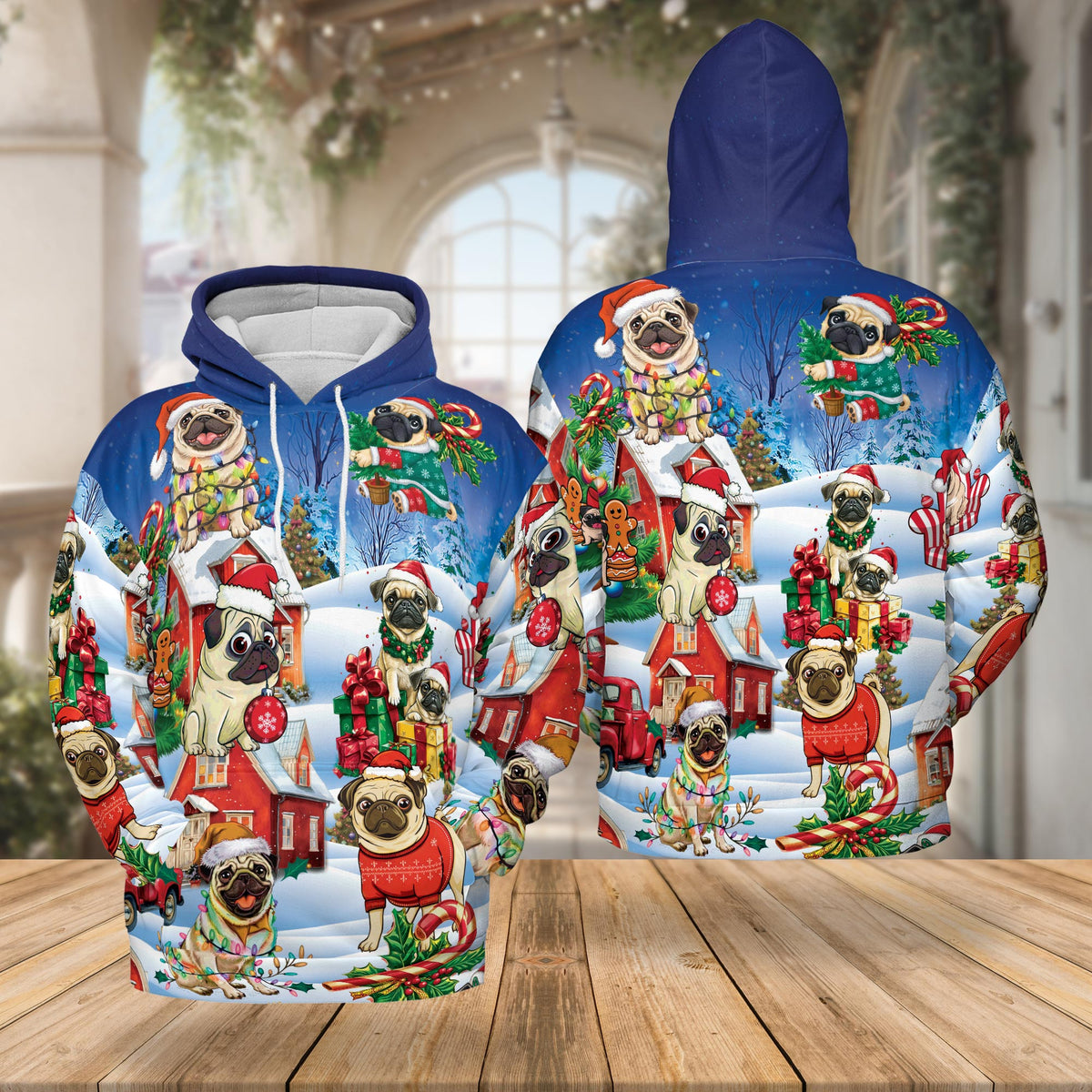 Funny Pug Christmas All Over Print Hoodie, Cute Dog Holiday Graphic Design