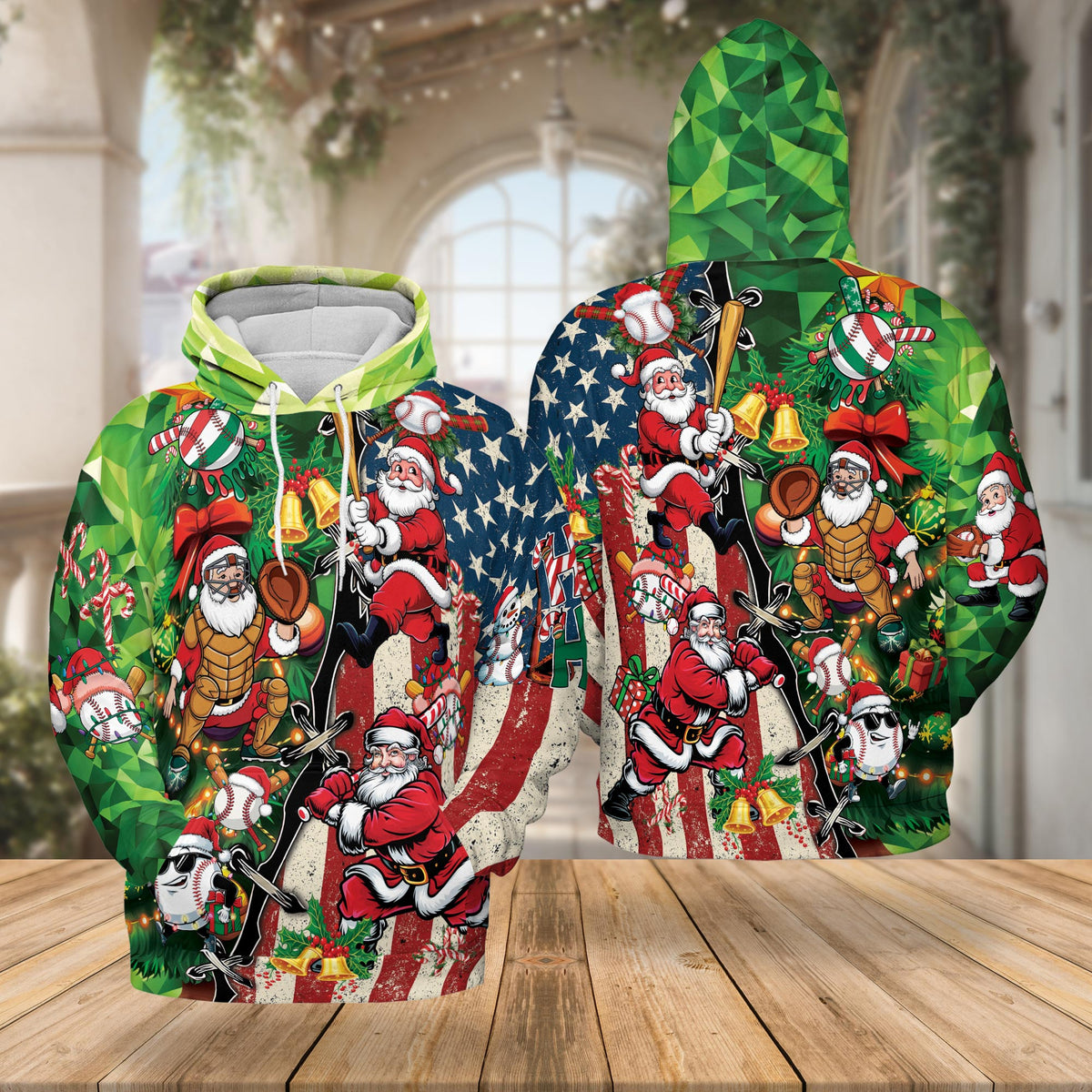 Baseball Santa USA Flag Christmas All Over Print Hoodie