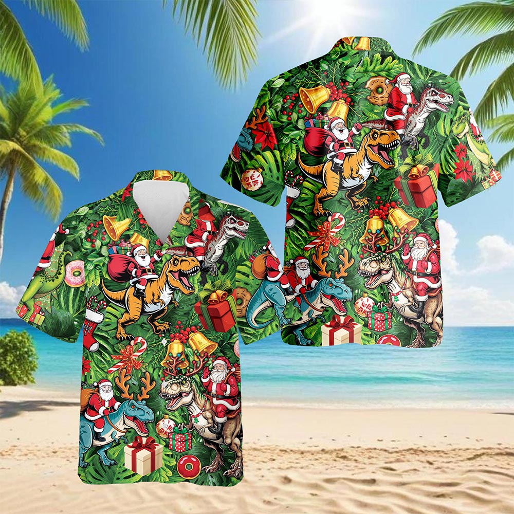 Santa Claus Riding Dinosaur Christmas Hawaiian Shirt for Men, Button Down Aloha Shirt - Azhawaiian
