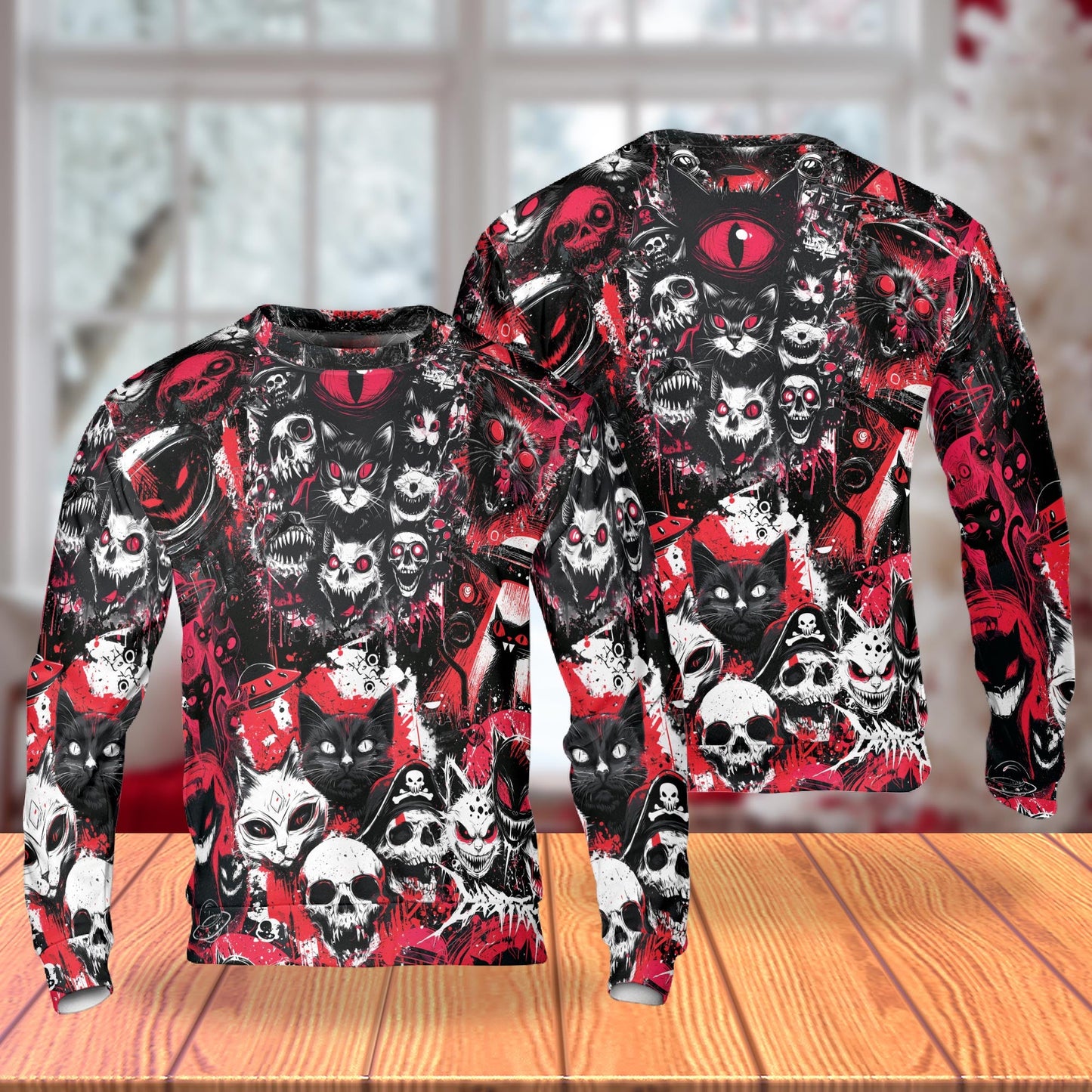 Creepy Cat Skull Horror Unisex Sweatshirt – Colorful Graphic 3D All Over Print Design