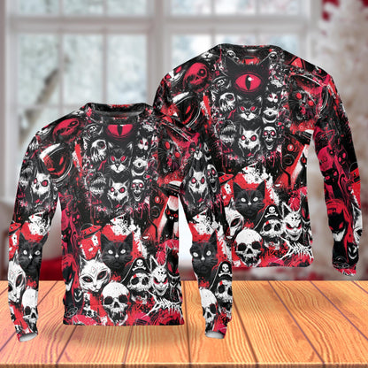 Creepy Cat Skull Horror Unisex Sweatshirt – Colorful Graphic 3D All Over Print Design