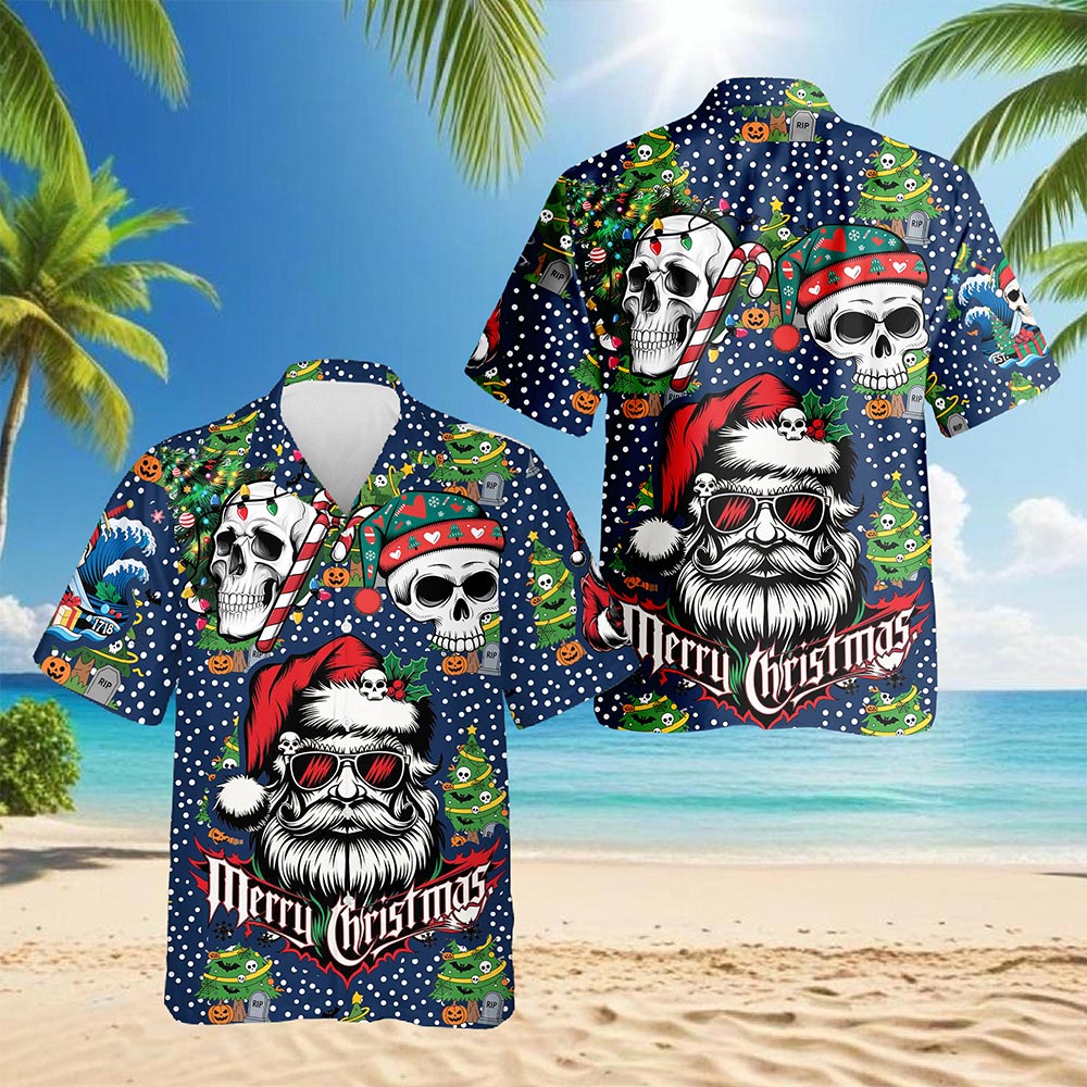 Santa Skull Christmas Hawaiian Shirt for Men, Button Down Aloha Shirt - Azhawaiian