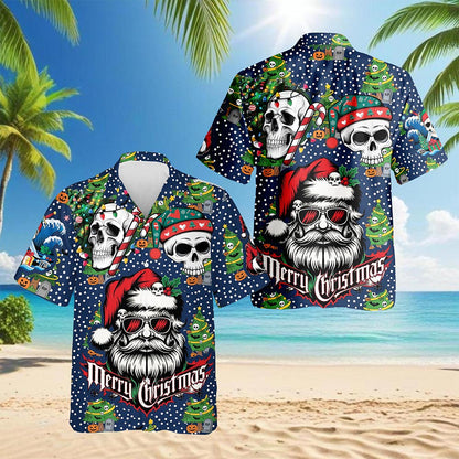 Santa Skull Christmas Hawaiian Shirt for Men, Button Down Aloha Shirt - Azhawaiian