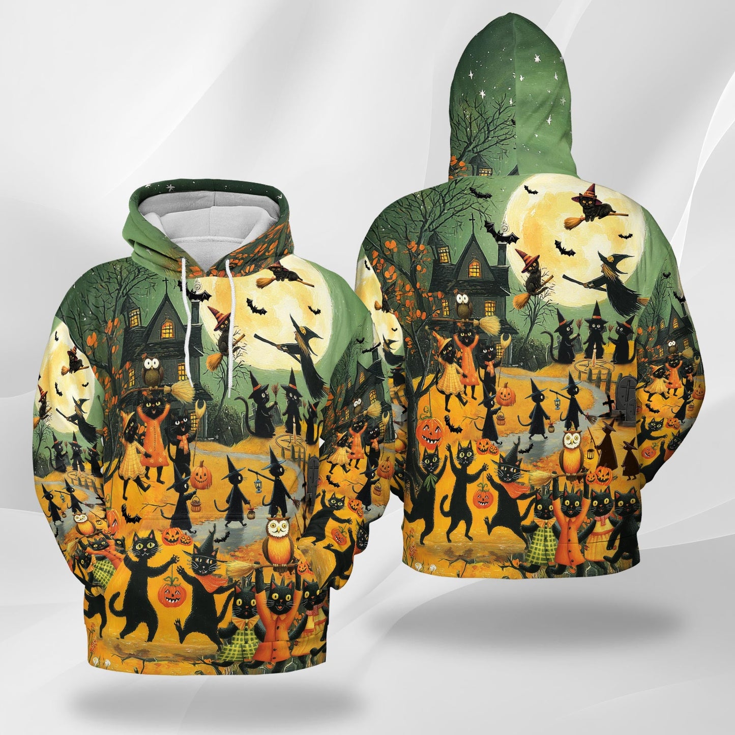 Black Cat Halloween All Over Print Hoodie, Graphic Design Animal Pumpkin